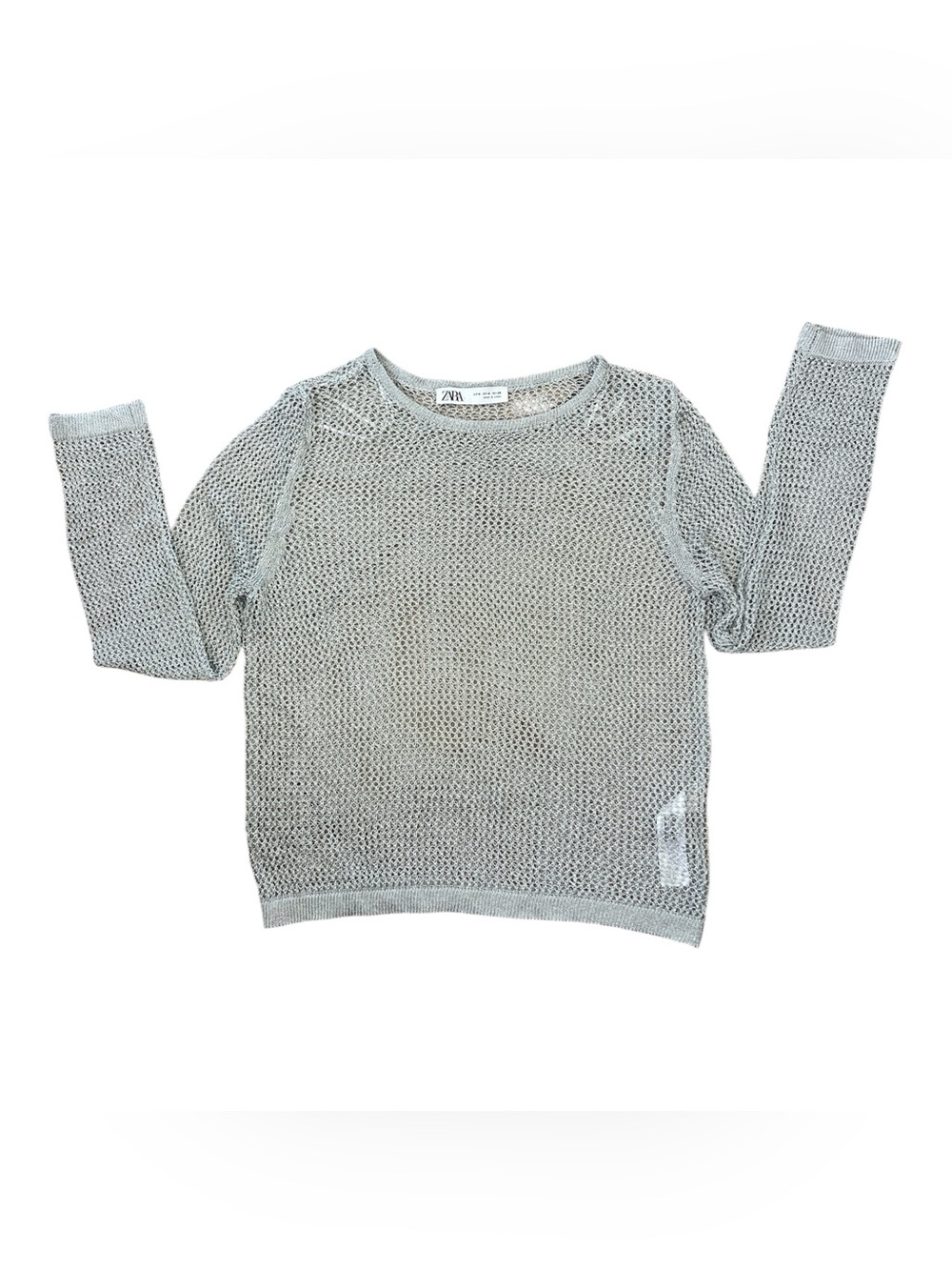 ZARA Silver Metallic Open-Knit Sheer Mesh Top - Medium